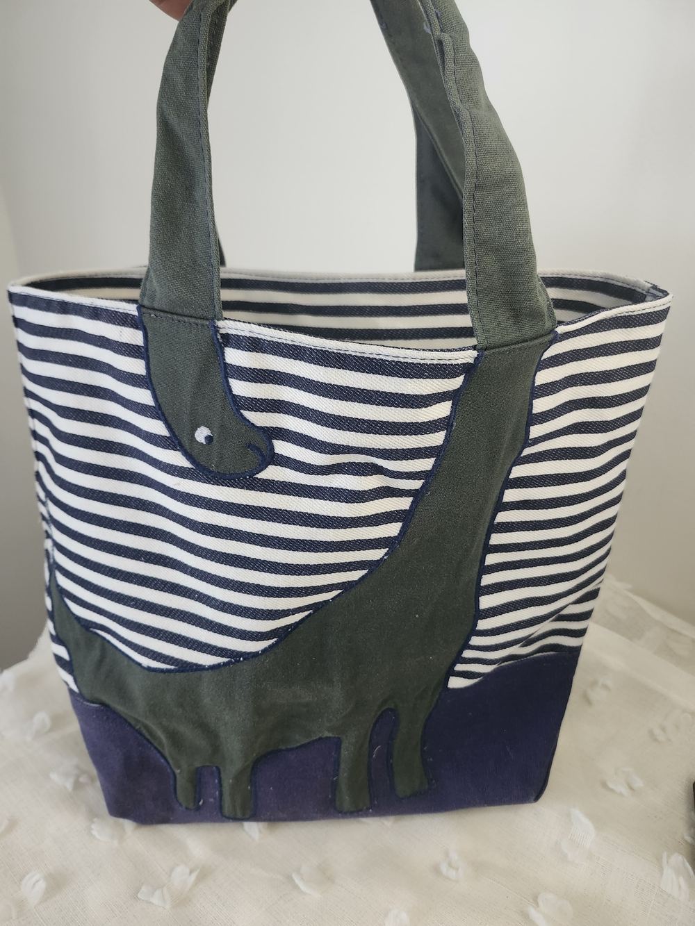 Pottery Barn Kids Dinosaur Striped Tote Bag Navy Green Canvas Zip Medium